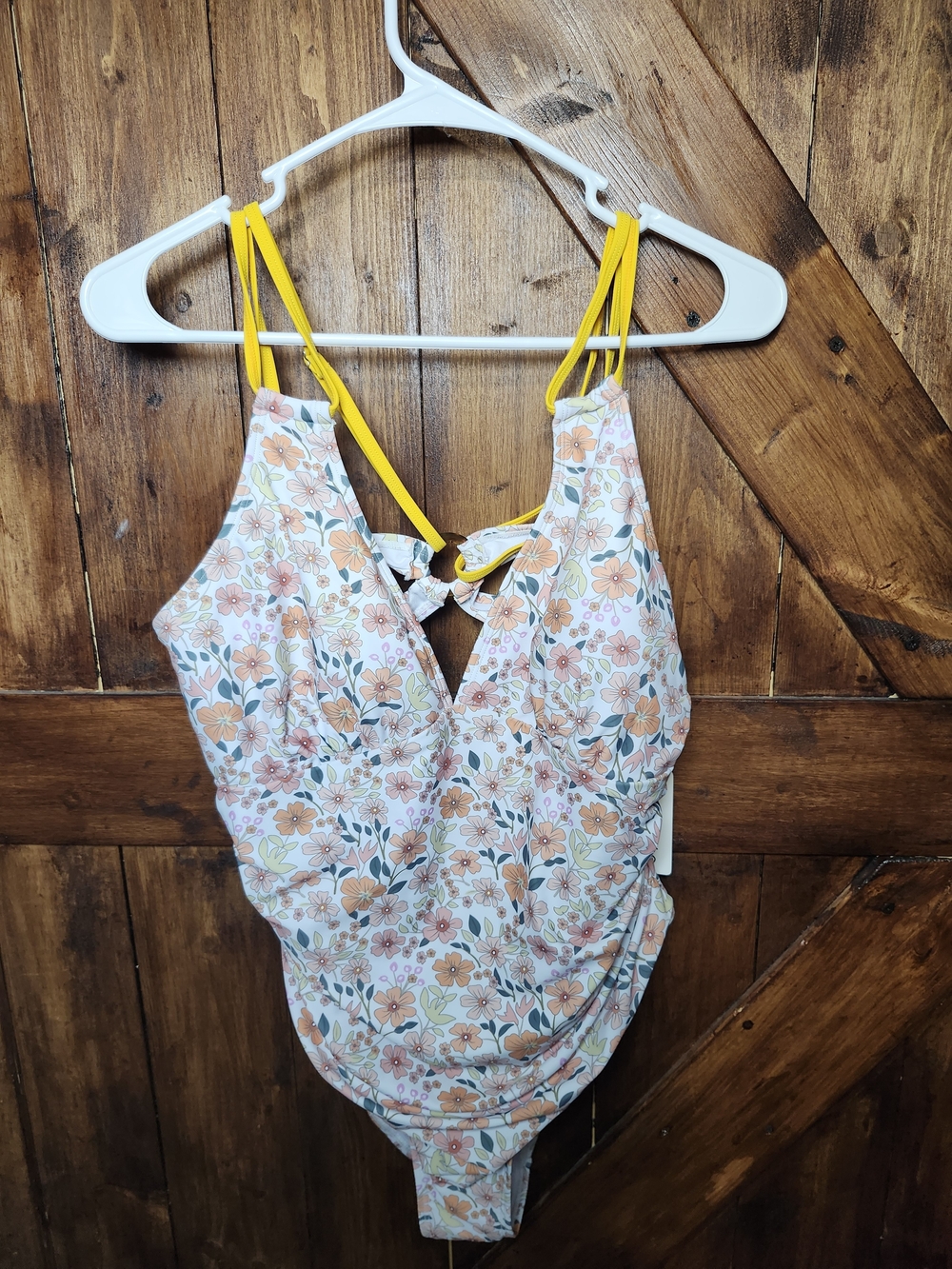 Floral V-Neck One-Piece Swimsuit with Yellow Straps NWT